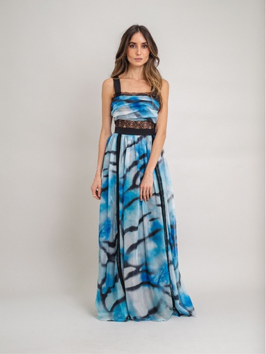 Vestido midi, cuello recto, con tirantes, azul y negro